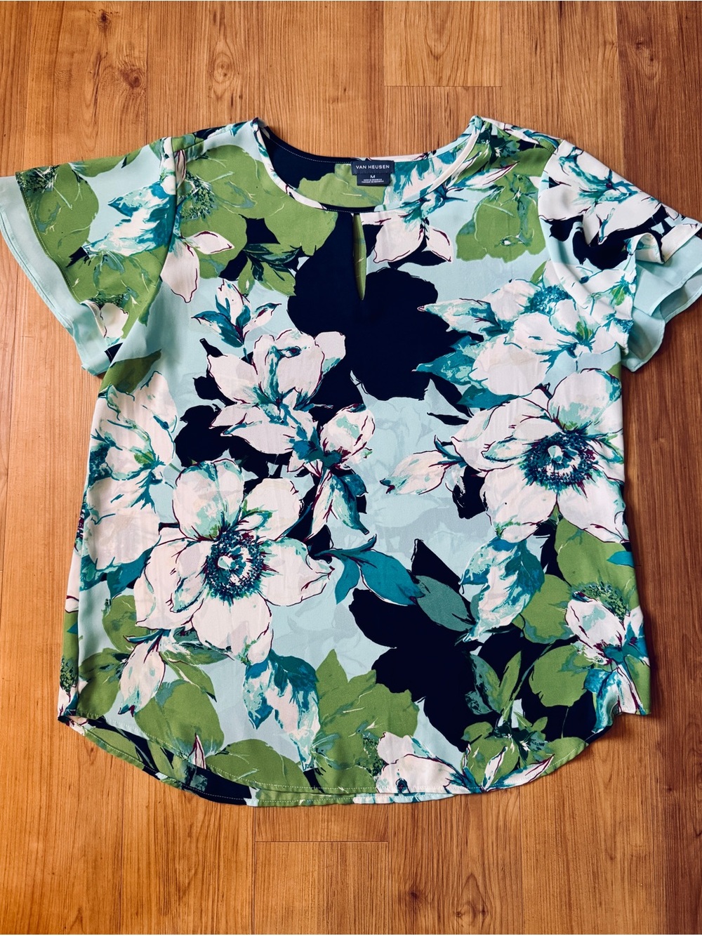 Van Heusen Aqua, Navy & Green Floral Keyhole Blouse Medium